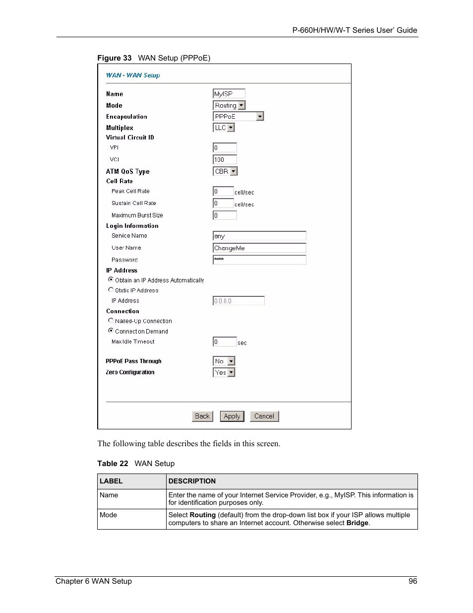 Figure 33 wan setup (pppoe), Table 22 wan setup | ZyXEL Communications ADSL 2+ Gateway P-660HW-T1 User Manual | Page 96 / 465