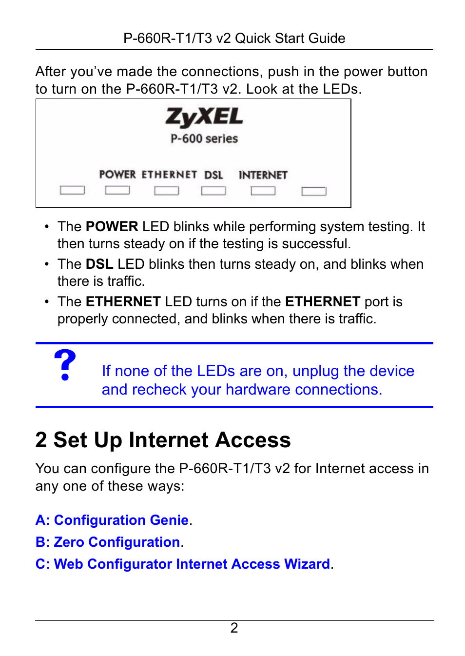 2 set up internet access | ZyXEL Communications P-660R-T1/T3 V2 User Manual | Page 3 / 15