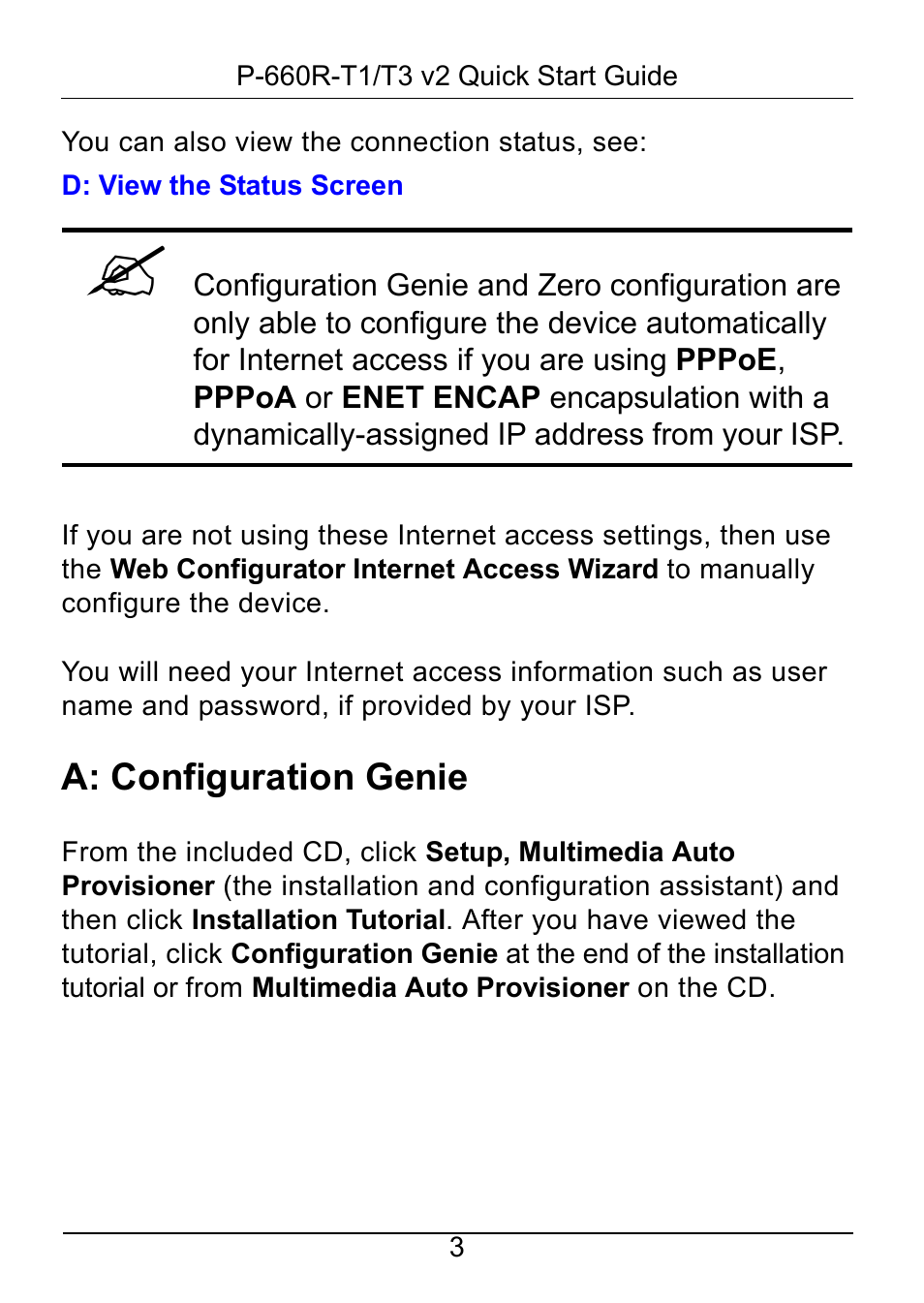 A: configuration genie | ZyXEL Communications P-660R-T1/T3 V2 User Manual | Page 4 / 15