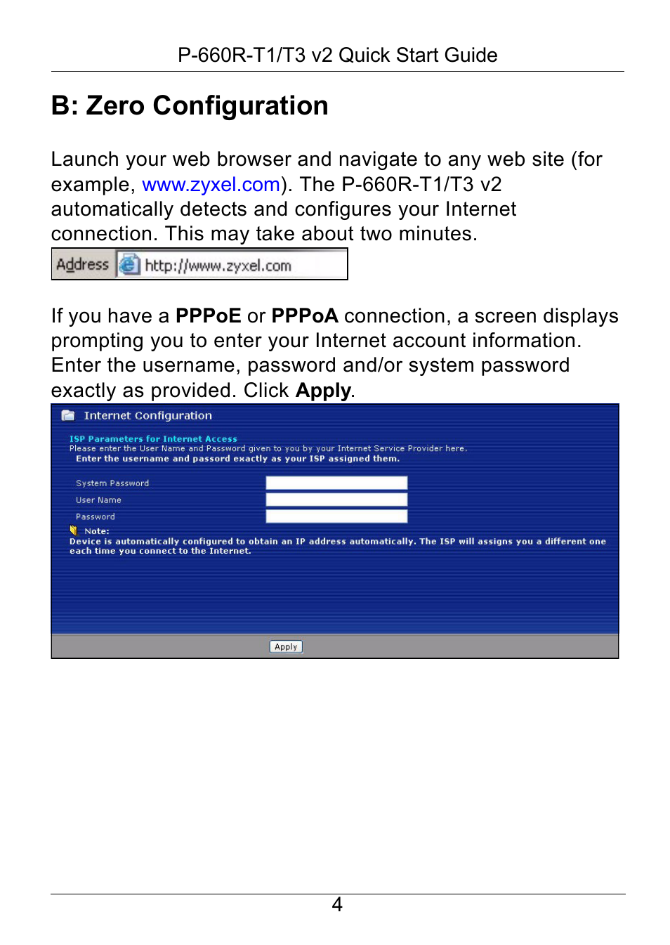B: zero configuration | ZyXEL Communications P-660R-T1/T3 V2 User Manual | Page 5 / 15