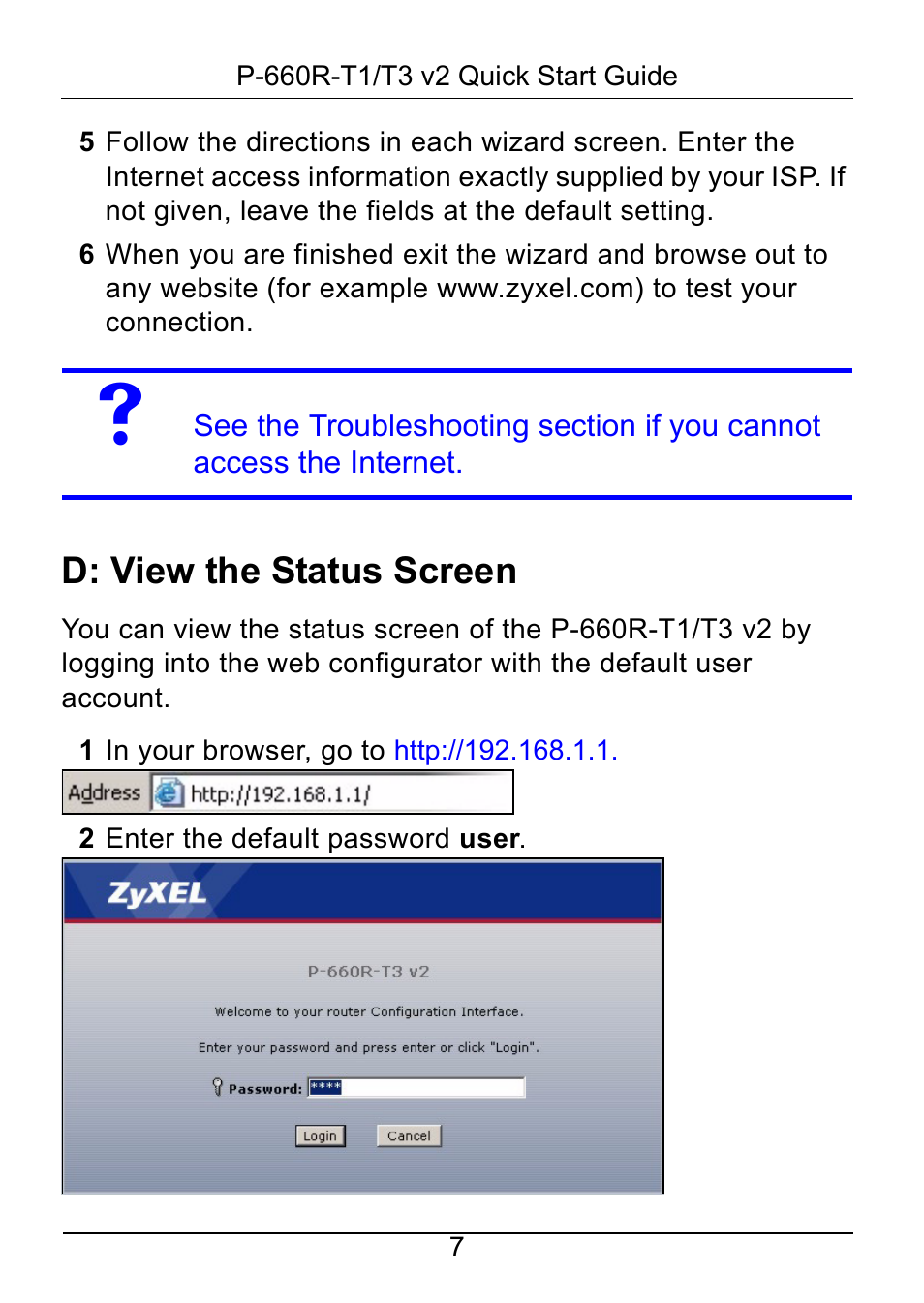 D: view the status screen | ZyXEL Communications P-660R-T1/T3 V2 User Manual | Page 8 / 15