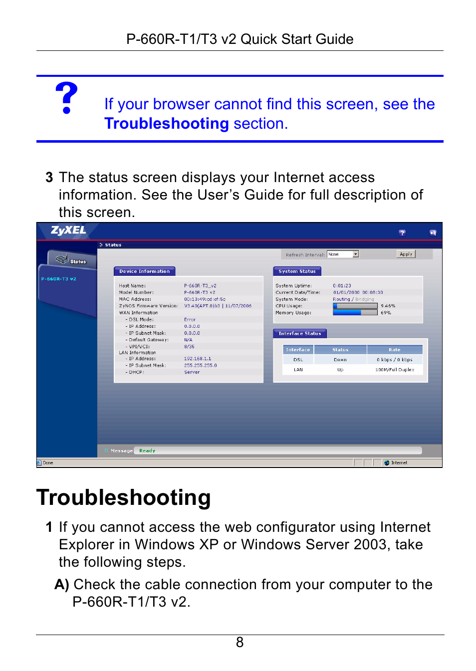 Troubleshooting | ZyXEL Communications P-660R-T1/T3 V2 User Manual | Page 9 / 15