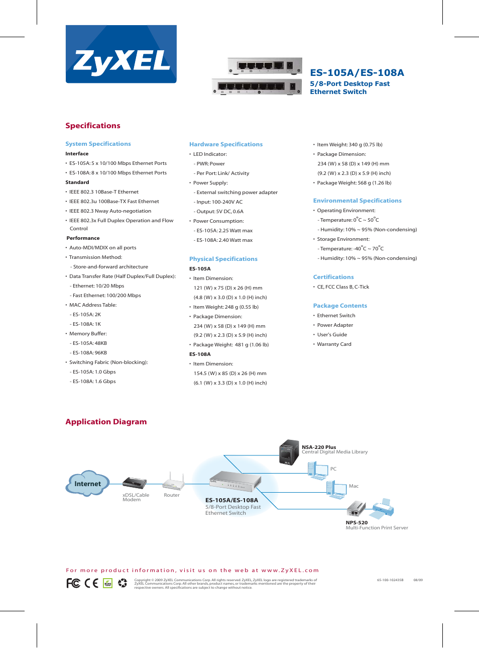 Specifications application diagram | ZyXEL Communications ZyXEL Dimension ES-108A User Manual | Page 2 / 2