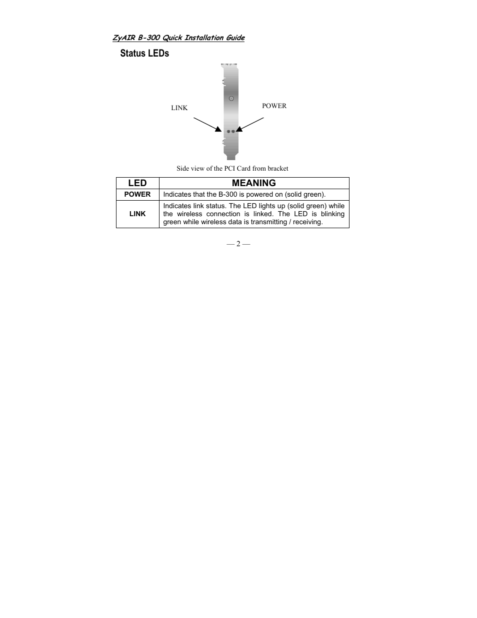 Status leds | ZyXEL Communications Wireless LAN PCI Card B-300 User Manual | Page 2 / 13