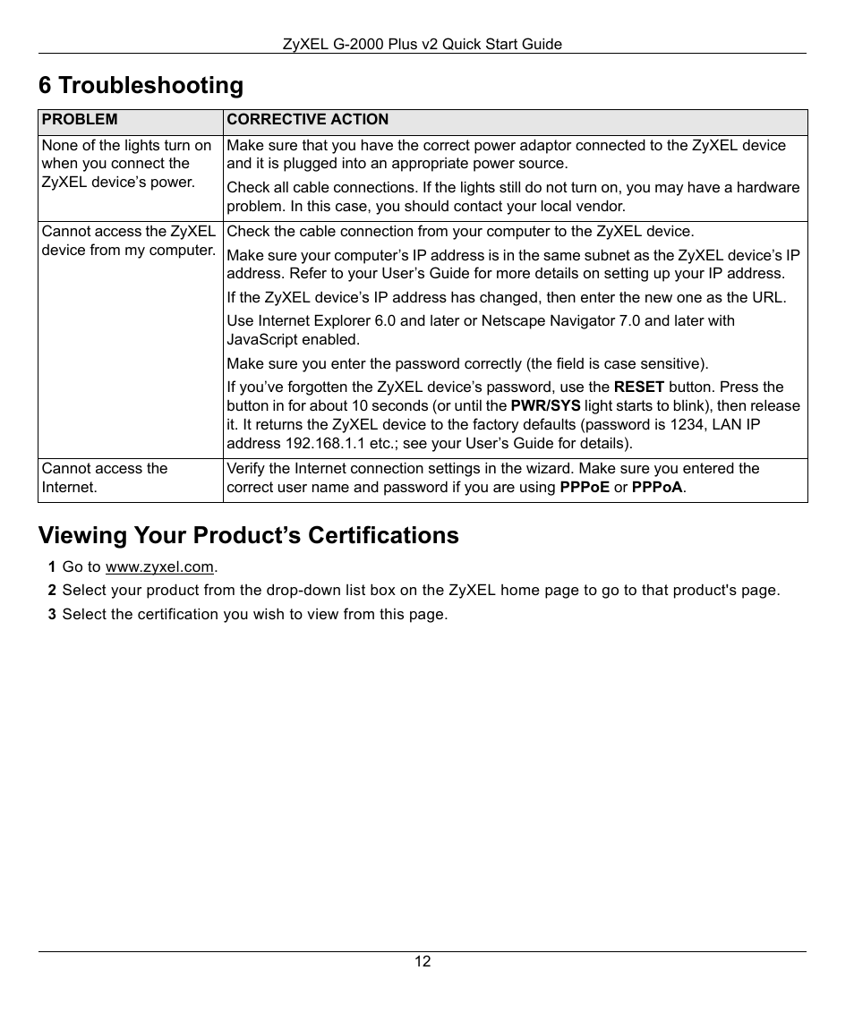 6 troubleshooting, Viewing your product’s certifications | ZyXEL Communications G-2000 Plus V2 User Manual | Page 12 / 12