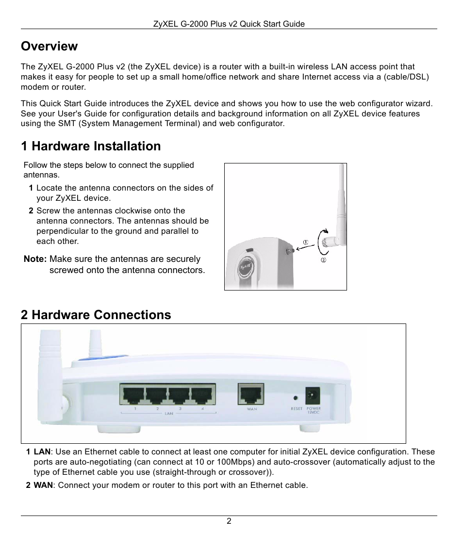 Overview, 1 hardware installation, 2 hardware connections | 1 hardware installation 2 hardware connections | ZyXEL Communications G-2000 Plus V2 User Manual | Page 2 / 12