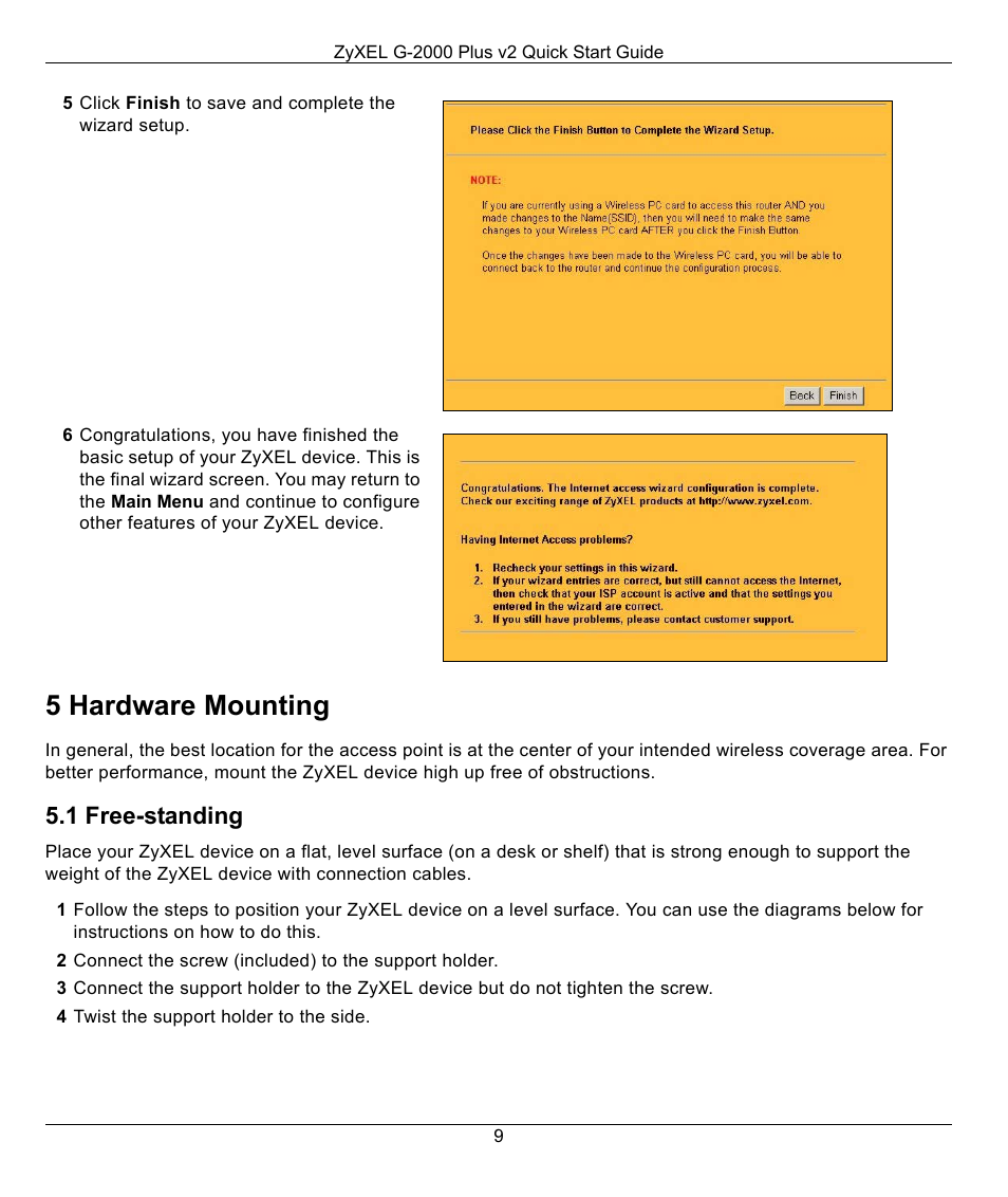 5 hardware mounting, 1 free-standing | ZyXEL Communications G-2000 Plus V2 User Manual | Page 9 / 12