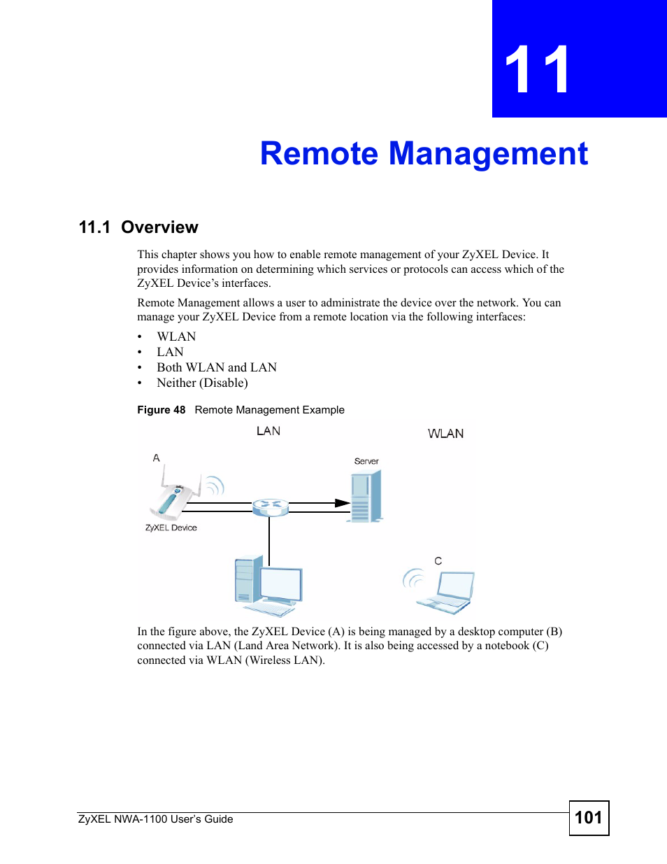 Remote management, 1 overview, Chapter 11 remote management | Figure 48 remote management example, Remote management (101) | ZyXEL Communications 802.11b/g Wireless Access Point NWA-1100 User Manual | Page 101 / 206