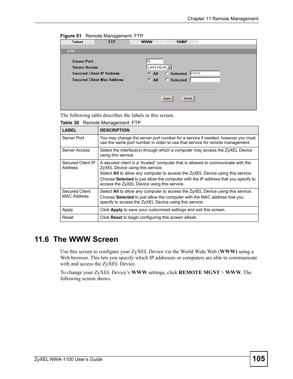 6 the www screen, Figure 51 remote management: ftp, Table 30 remote management: ftp | ZyXEL Communications 802.11b/g Wireless Access Point NWA-1100 User Manual | Page 105 / 206