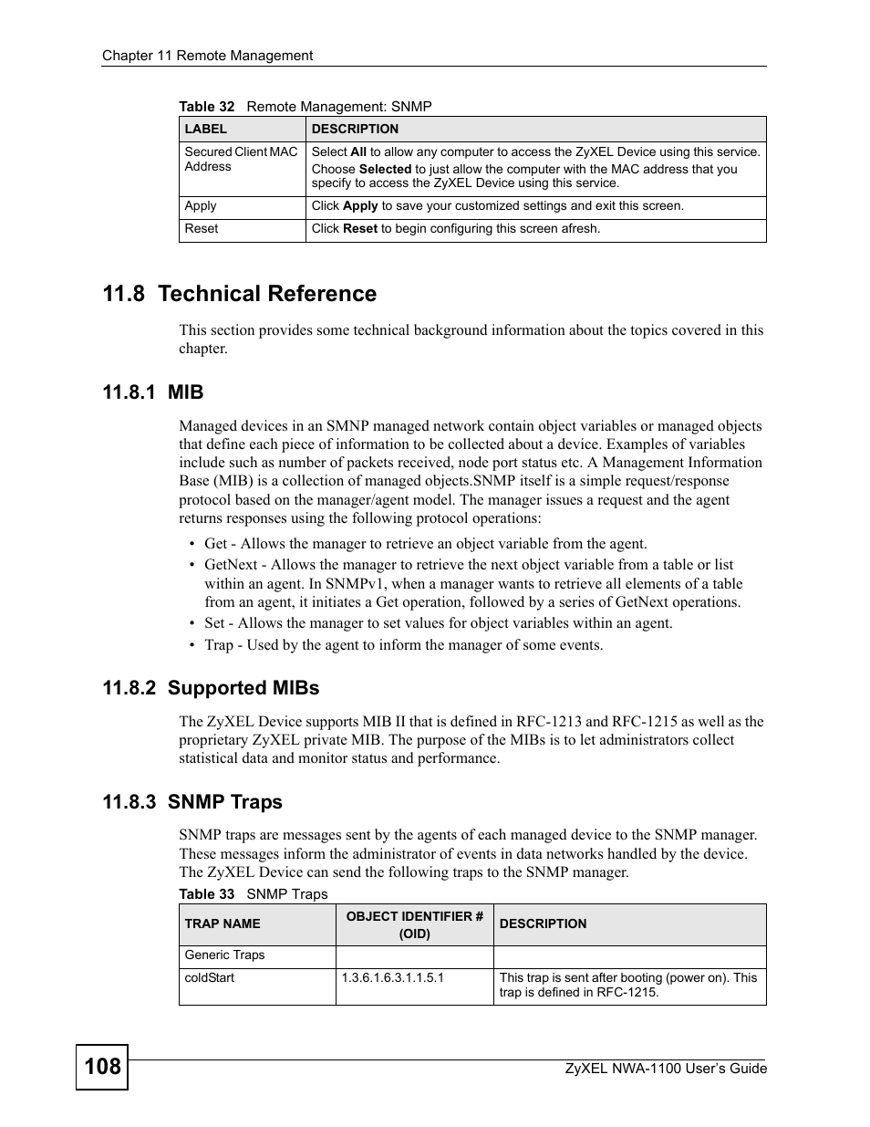 8 technical reference, 1 mib, 2 supported mibs | 3 snmp traps, 1 mib 11.8.2 supported mibs 11.8.3 snmp traps, Table 33 snmp traps | ZyXEL Communications 802.11b/g Wireless Access Point NWA-1100 User Manual | Page 108 / 206
