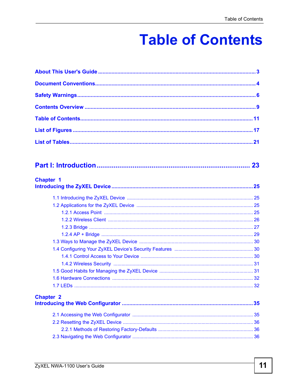 ZyXEL Communications 802.11b/g Wireless Access Point NWA-1100 User Manual | Page 11 / 206