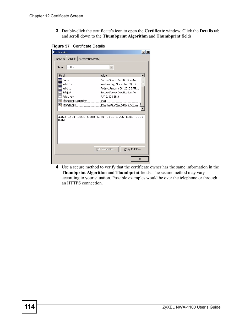 Figure 57 certificate details | ZyXEL Communications 802.11b/g Wireless Access Point NWA-1100 User Manual | Page 114 / 206