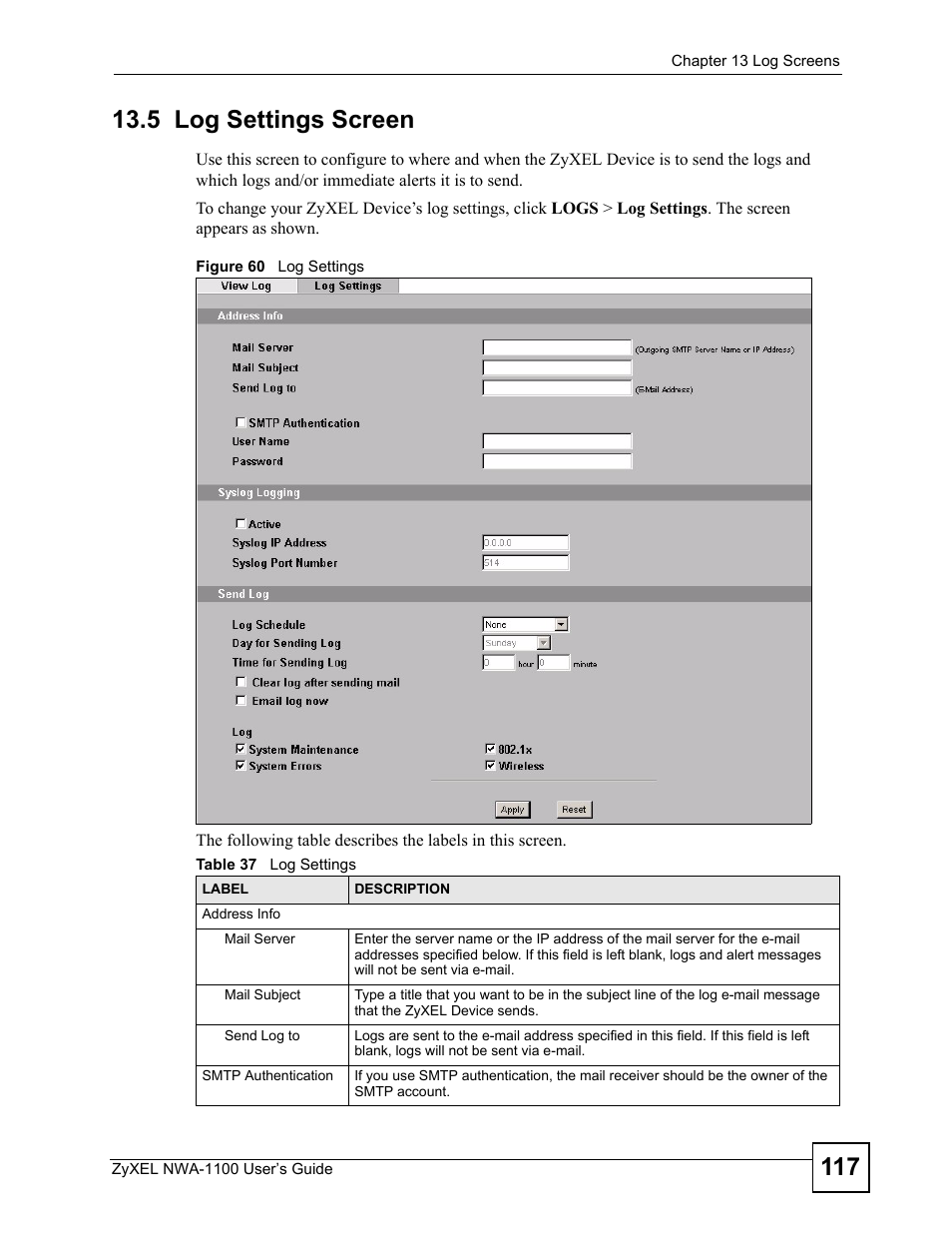 5 log settings screen, Figure 60 log settings, Table 37 log settings | To con | ZyXEL Communications 802.11b/g Wireless Access Point NWA-1100 User Manual | Page 117 / 206