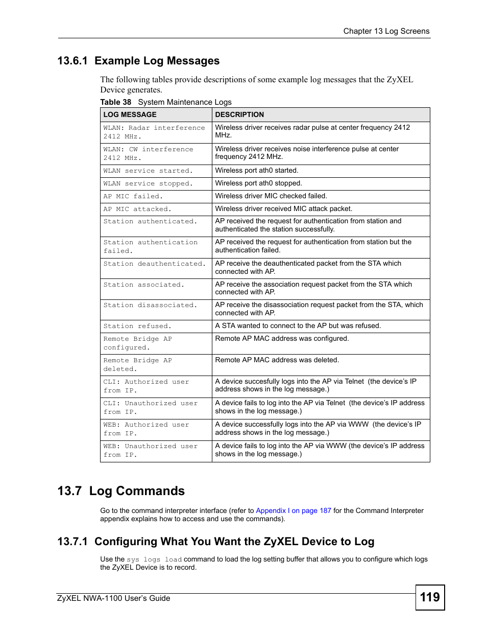 1 example log messages, 7 log commands, Table 38 system maintenance logs | ZyXEL Communications 802.11b/g Wireless Access Point NWA-1100 User Manual | Page 119 / 206