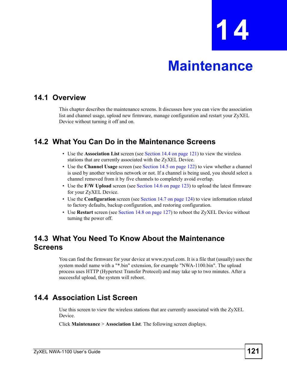 Maintenance, 1 overview, 2 what you can do in the maintenance screens | 4 association list screen, Chapter 14 maintenance, Maintenance (121) | ZyXEL Communications 802.11b/g Wireless Access Point NWA-1100 User Manual | Page 121 / 206