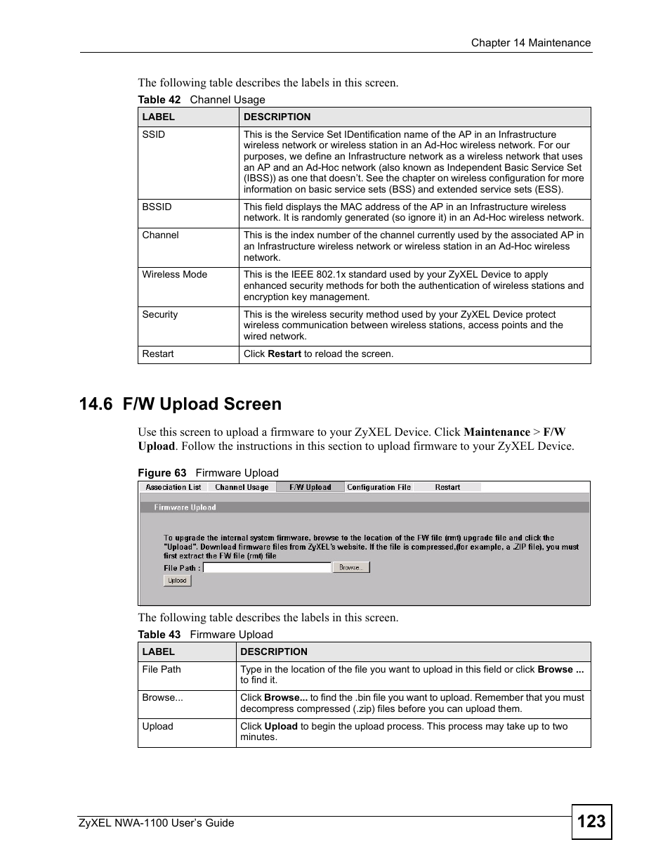 6 f/w upload screen, Figure 63 firmware upload, Table 42 channel usage table 43 firmware upload | ZyXEL Communications 802.11b/g Wireless Access Point NWA-1100 User Manual | Page 123 / 206