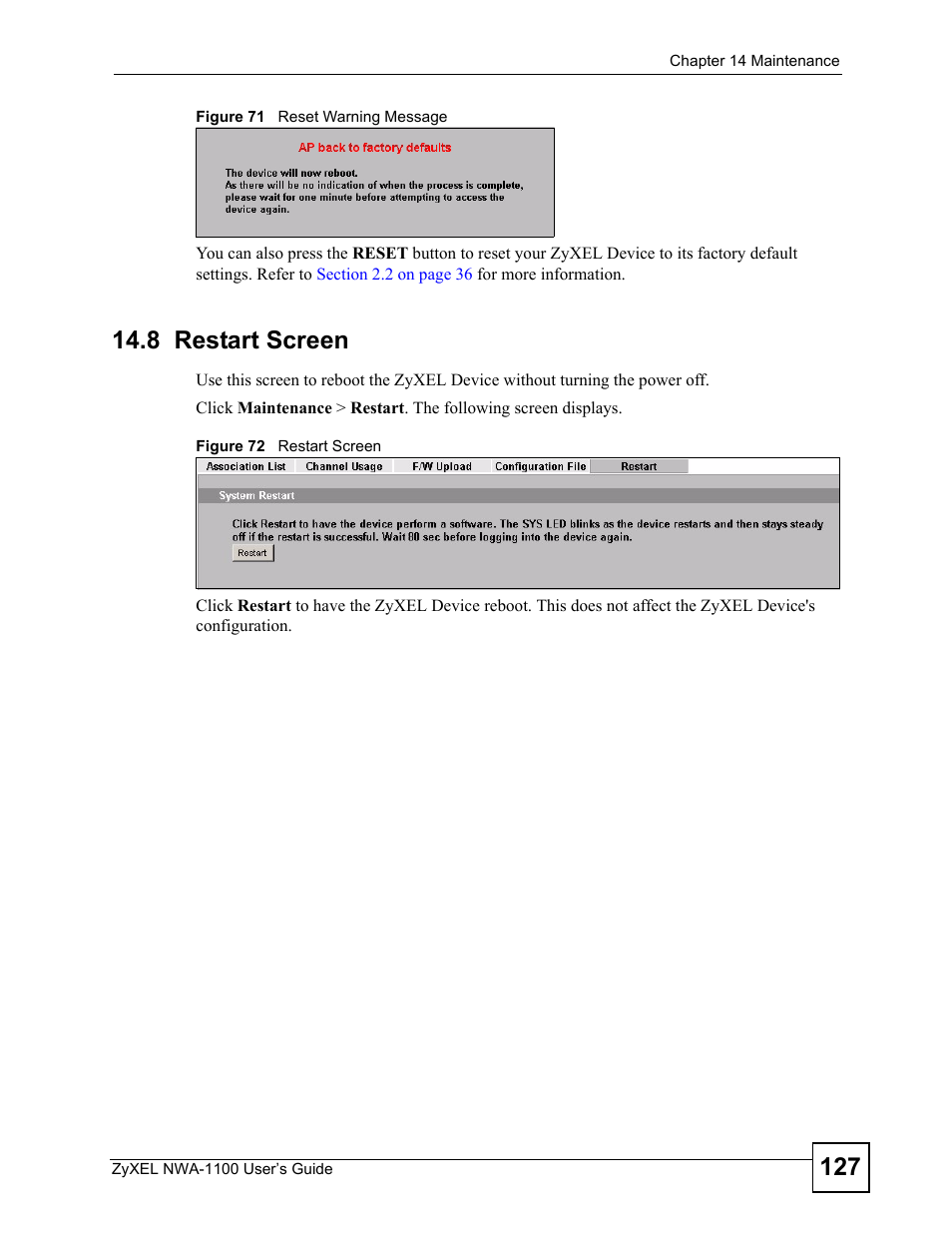 8 restart screen | ZyXEL Communications 802.11b/g Wireless Access Point NWA-1100 User Manual | Page 127 / 206