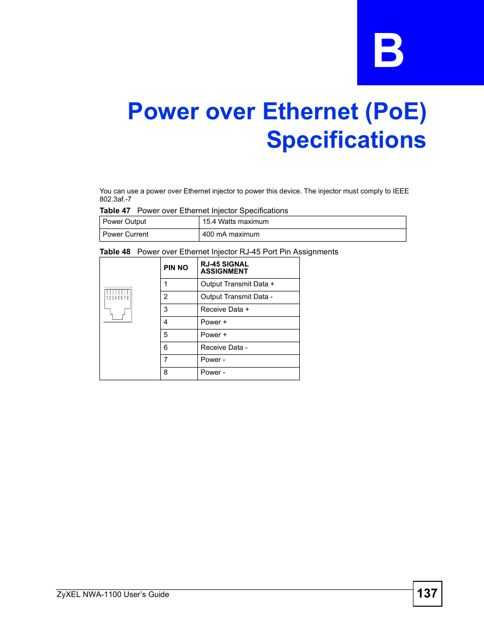 Power over ethernet (poe) specifications, Power over ethernet (poe) specifications (137) | ZyXEL Communications 802.11b/g Wireless Access Point NWA-1100 User Manual | Page 137 / 206