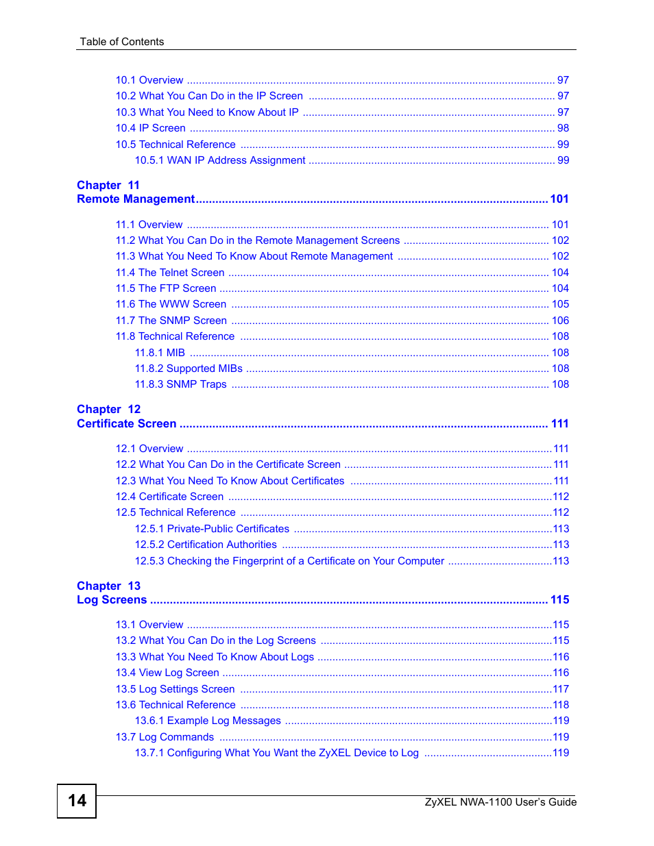 ZyXEL Communications 802.11b/g Wireless Access Point NWA-1100 User Manual | Page 14 / 206