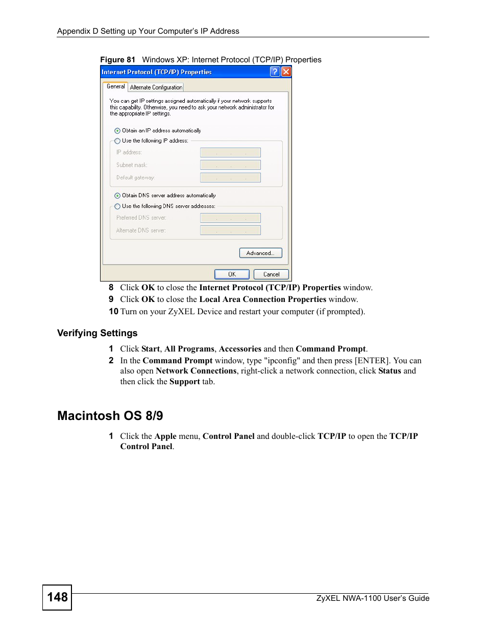 Macintosh os 8/9 | ZyXEL Communications 802.11b/g Wireless Access Point NWA-1100 User Manual | Page 148 / 206