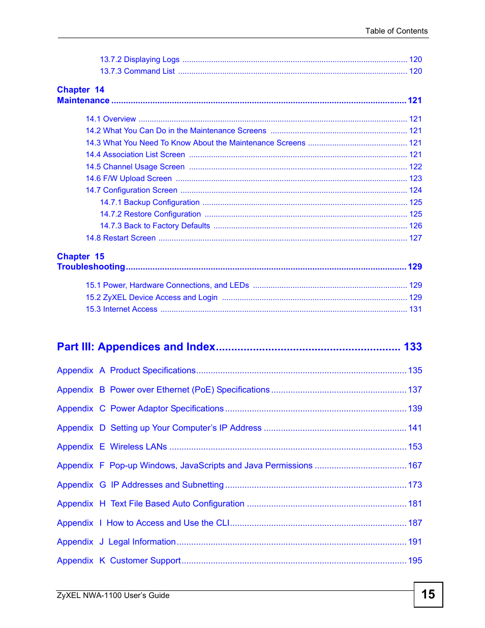 Part iii: appendices and index | ZyXEL Communications 802.11b/g Wireless Access Point NWA-1100 User Manual | Page 15 / 206