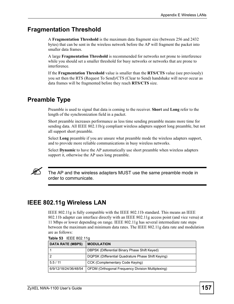Table 53 ieee 802.11g, 157 fragmentation threshold, Preamble type | ZyXEL Communications 802.11b/g Wireless Access Point NWA-1100 User Manual | Page 157 / 206