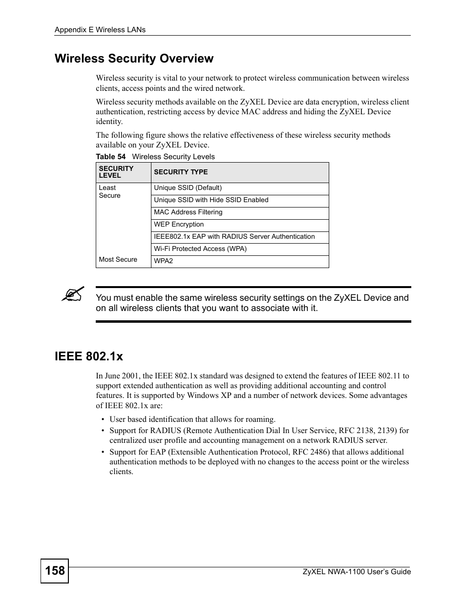 Table 54 wireless security levels, 158 wireless security overview, Ieee 802.1x | ZyXEL Communications 802.11b/g Wireless Access Point NWA-1100 User Manual | Page 158 / 206