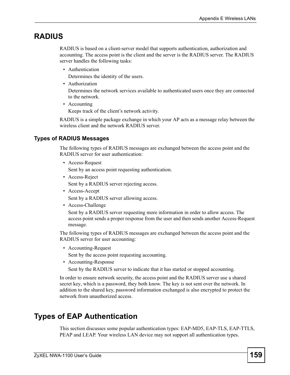 159 radius, Types of eap authentication | ZyXEL Communications 802.11b/g Wireless Access Point NWA-1100 User Manual | Page 159 / 206