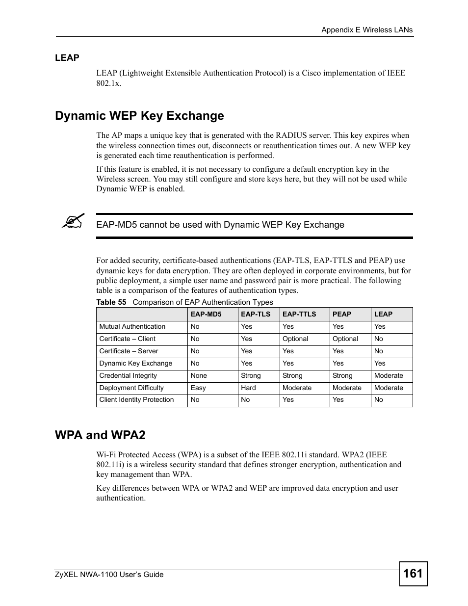 Table 55 comparison of eap authentication types, Dynamic wep key exchange, Wpa and wpa2 | ZyXEL Communications 802.11b/g Wireless Access Point NWA-1100 User Manual | Page 161 / 206