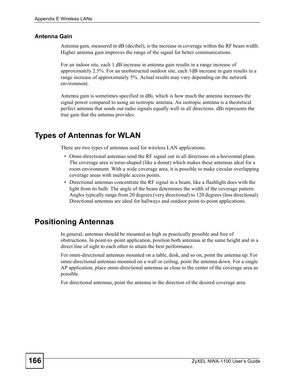 Types of antennas for wlan, Positioning antennas | ZyXEL Communications 802.11b/g Wireless Access Point NWA-1100 User Manual | Page 166 / 206