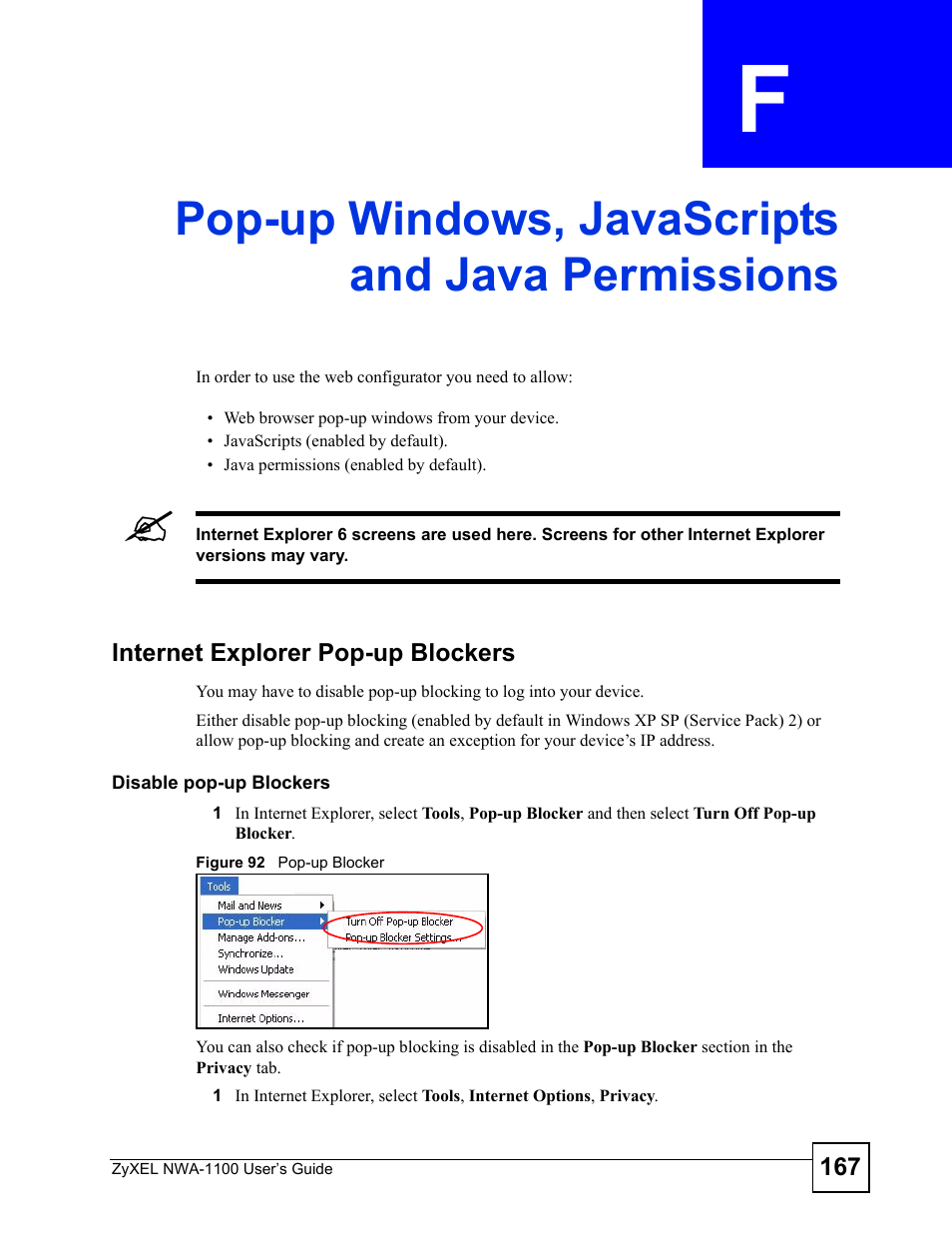 Pop-up windows, javascripts and java permissions, Figure 92 pop-up blocker | ZyXEL Communications 802.11b/g Wireless Access Point NWA-1100 User Manual | Page 167 / 206