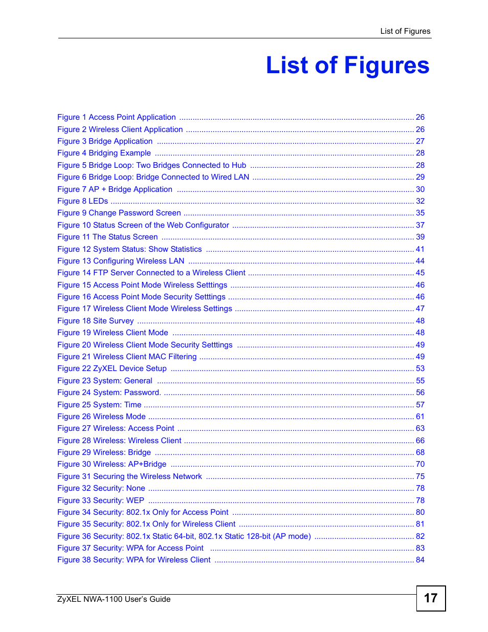 List of figures | ZyXEL Communications 802.11b/g Wireless Access Point NWA-1100 User Manual | Page 17 / 206