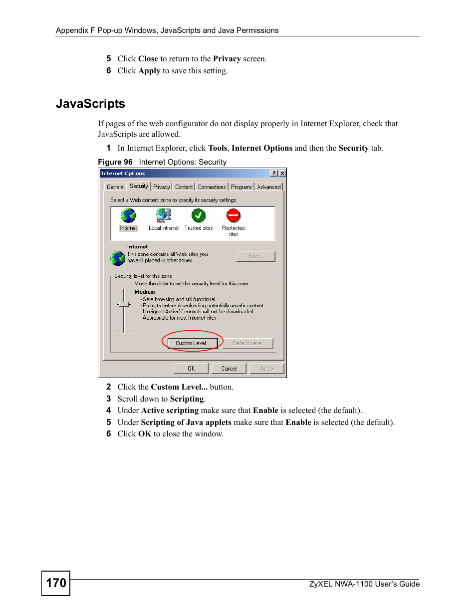 Figure 96 internet options: security, Javascripts | ZyXEL Communications 802.11b/g Wireless Access Point NWA-1100 User Manual | Page 170 / 206