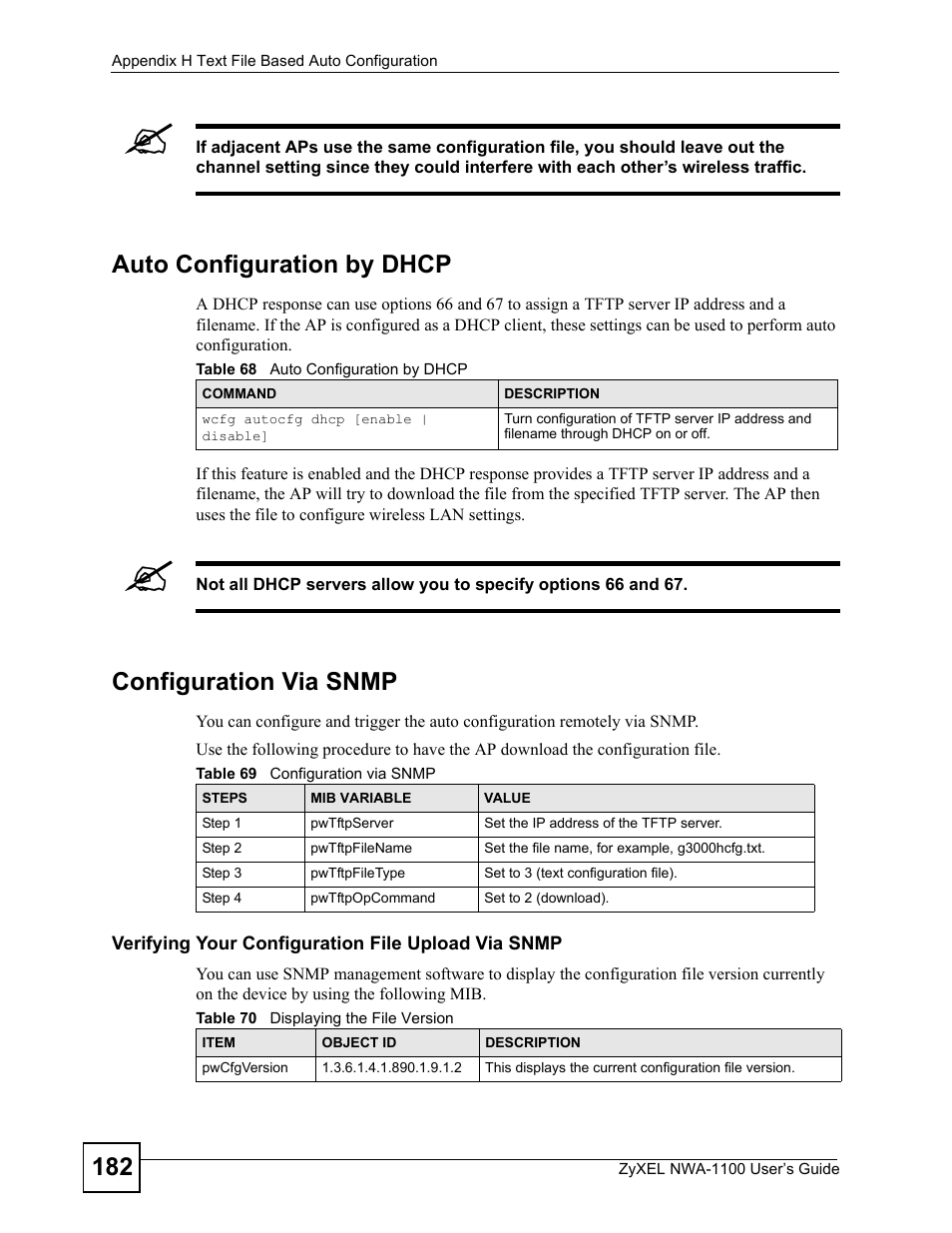 Auto configuration by dhcp, Configuration via snmp | ZyXEL Communications 802.11b/g Wireless Access Point NWA-1100 User Manual | Page 182 / 206
