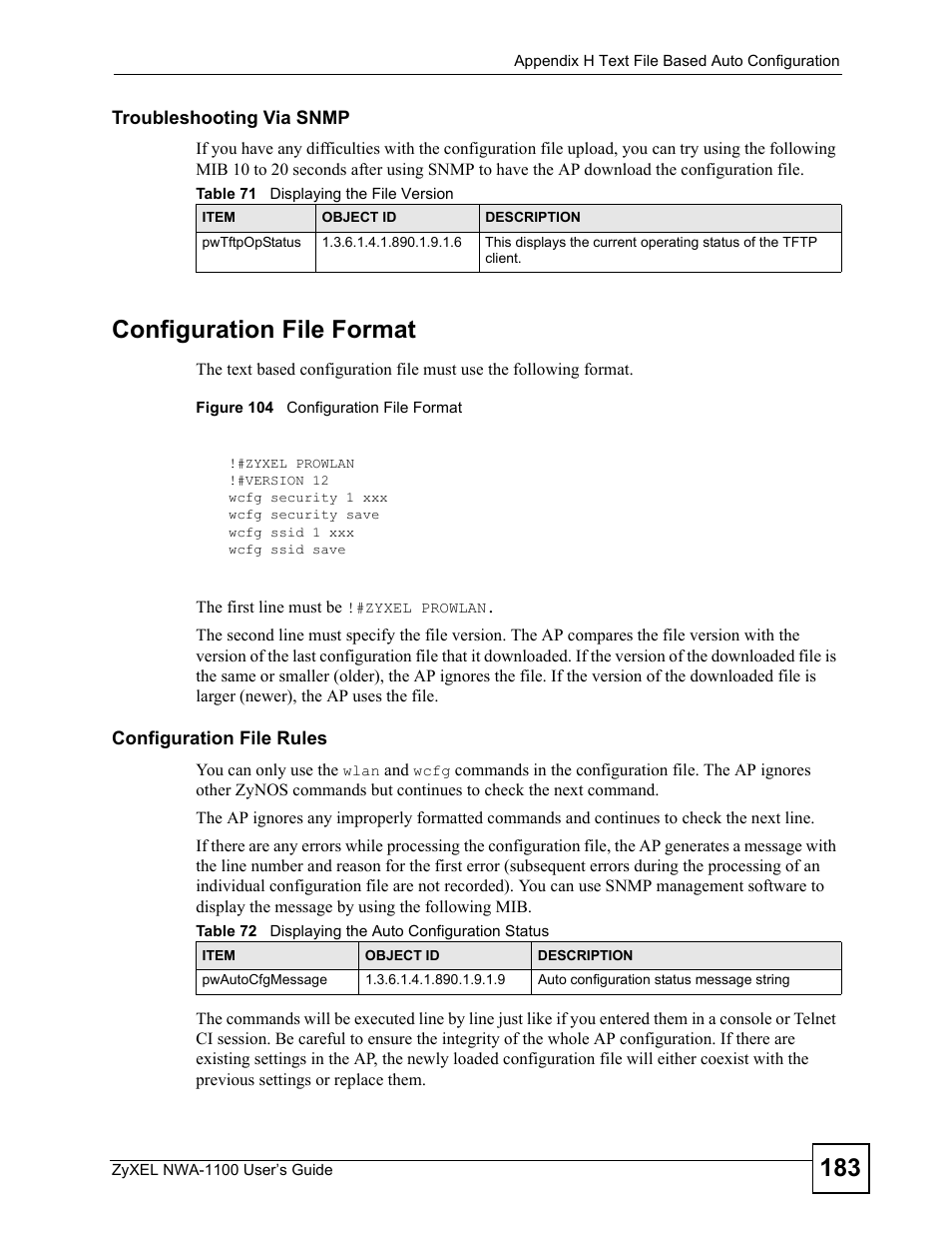Figure 104 configuration file format, Configuration file format | ZyXEL Communications 802.11b/g Wireless Access Point NWA-1100 User Manual | Page 183 / 206