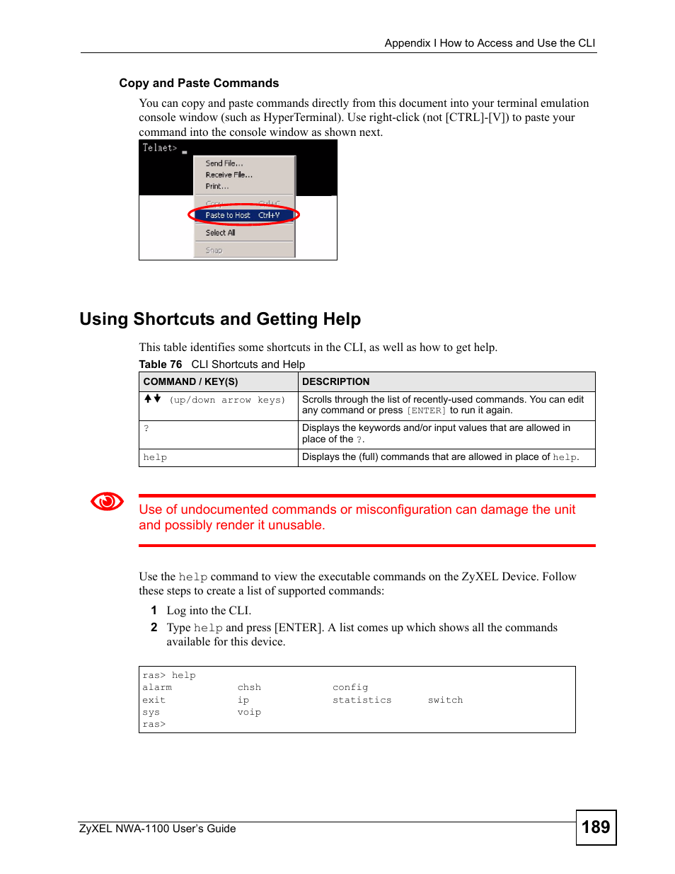Table 76 cli shortcuts and help, Using shortcuts and getting help | ZyXEL Communications 802.11b/g Wireless Access Point NWA-1100 User Manual | Page 189 / 206