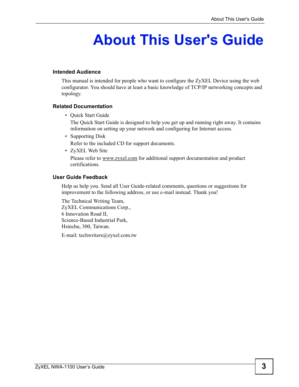 About this user's guide | ZyXEL Communications 802.11b/g Wireless Access Point NWA-1100 User Manual | Page 3 / 206