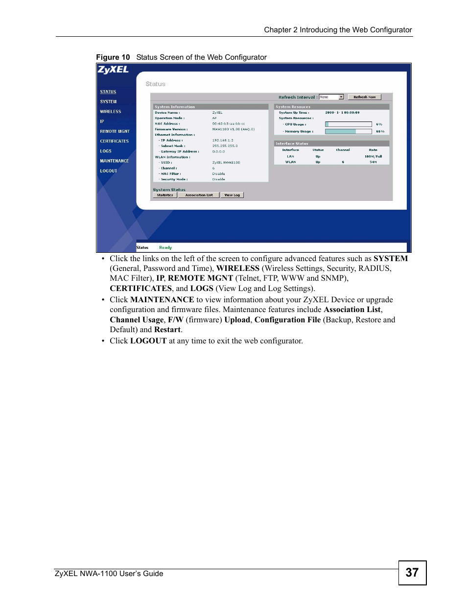 Figure 10 status screen of the web configurator | ZyXEL Communications 802.11b/g Wireless Access Point NWA-1100 User Manual | Page 37 / 206