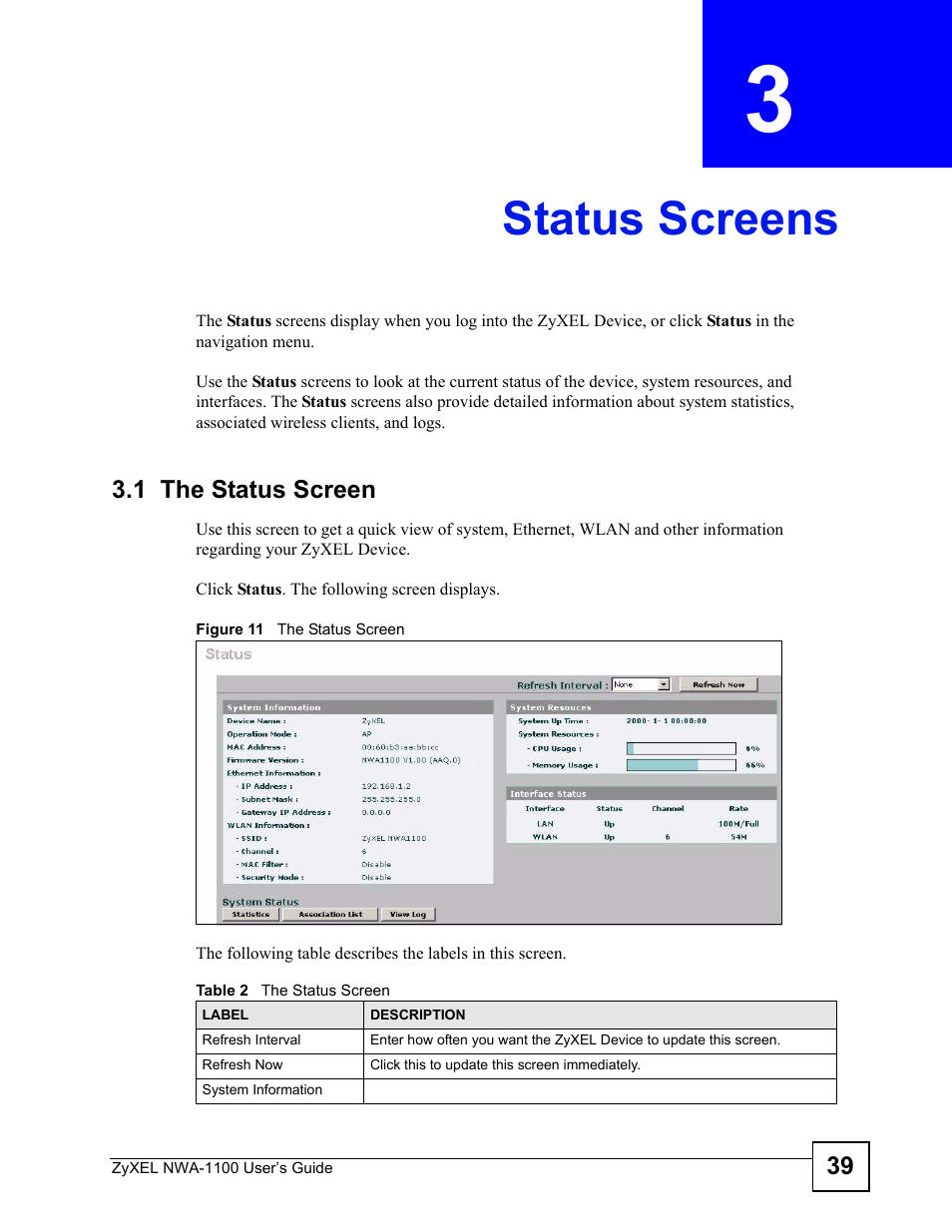 Status screens, 1 the status screen, Chapter 3 status screens | Figure 11 the status screen, Table 2 the status screen, Status screens (39) | ZyXEL Communications 802.11b/g Wireless Access Point NWA-1100 User Manual | Page 39 / 206