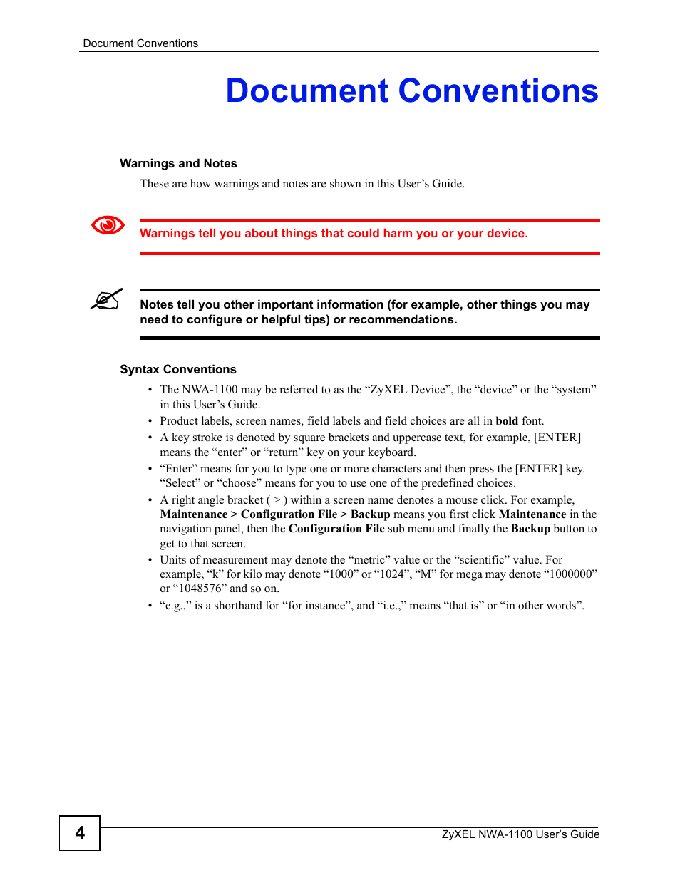 Document conventions | ZyXEL Communications 802.11b/g Wireless Access Point NWA-1100 User Manual | Page 4 / 206