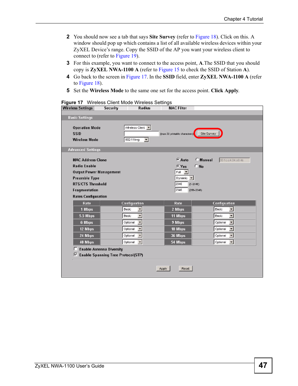 Figure 17 wireless client mode wireless settings | ZyXEL Communications 802.11b/g Wireless Access Point NWA-1100 User Manual | Page 47 / 206