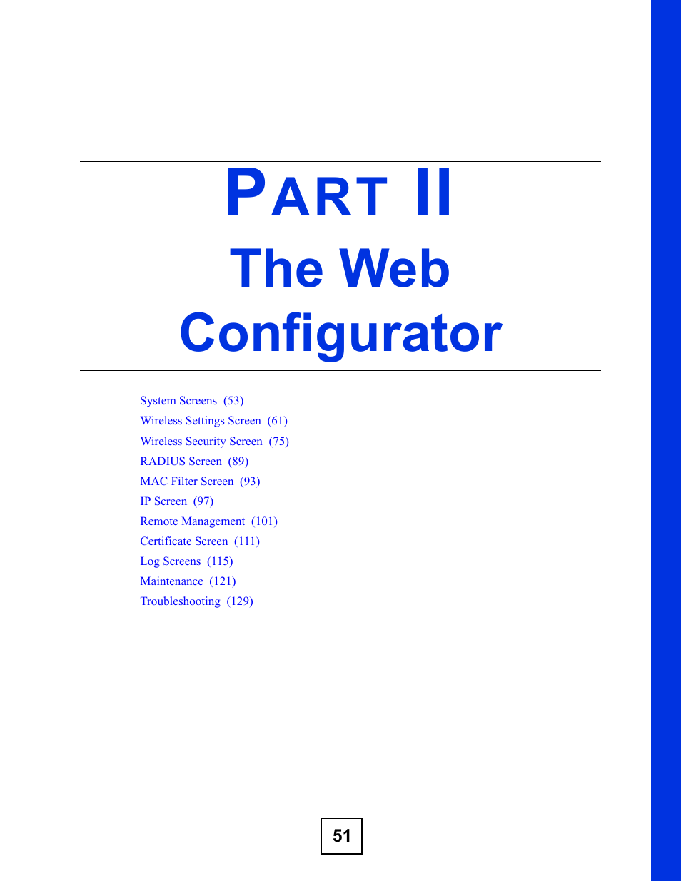 The web configurator, Part ii: the web configurator | ZyXEL Communications 802.11b/g Wireless Access Point NWA-1100 User Manual | Page 51 / 206