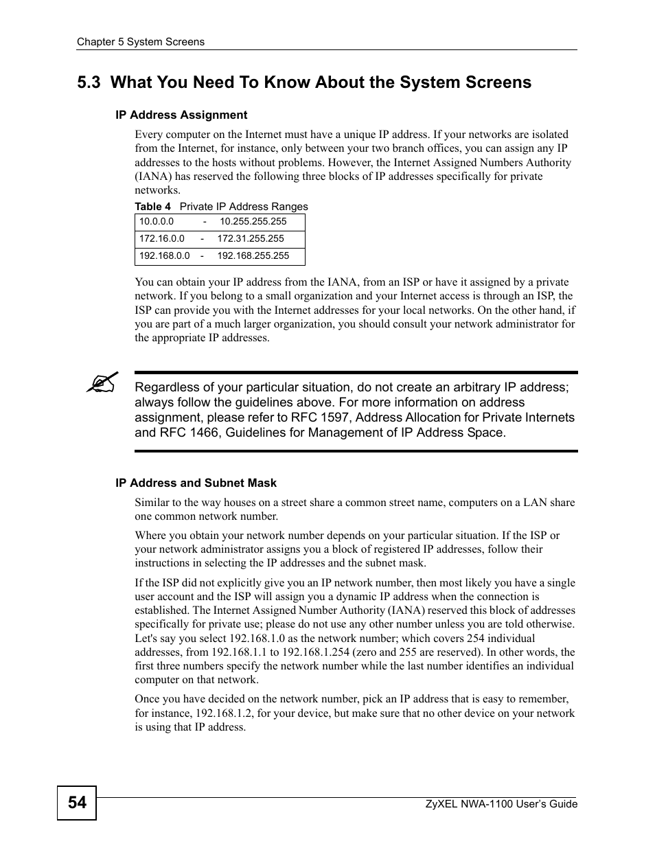 3 what you need to know about the system screens, Table 4 private ip address ranges | ZyXEL Communications 802.11b/g Wireless Access Point NWA-1100 User Manual | Page 54 / 206