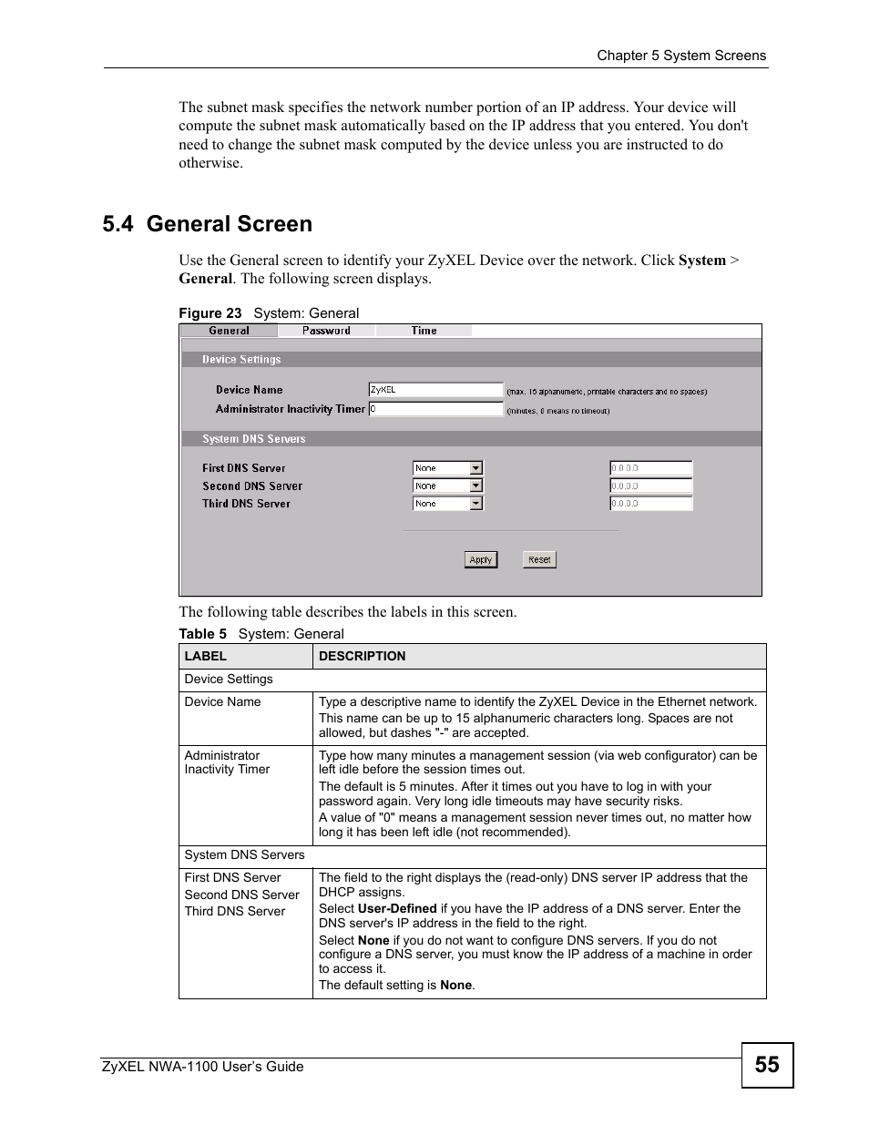 4 general screen, Figure 23 system: general, Table 5 system: general | To specify the | ZyXEL Communications 802.11b/g Wireless Access Point NWA-1100 User Manual | Page 55 / 206