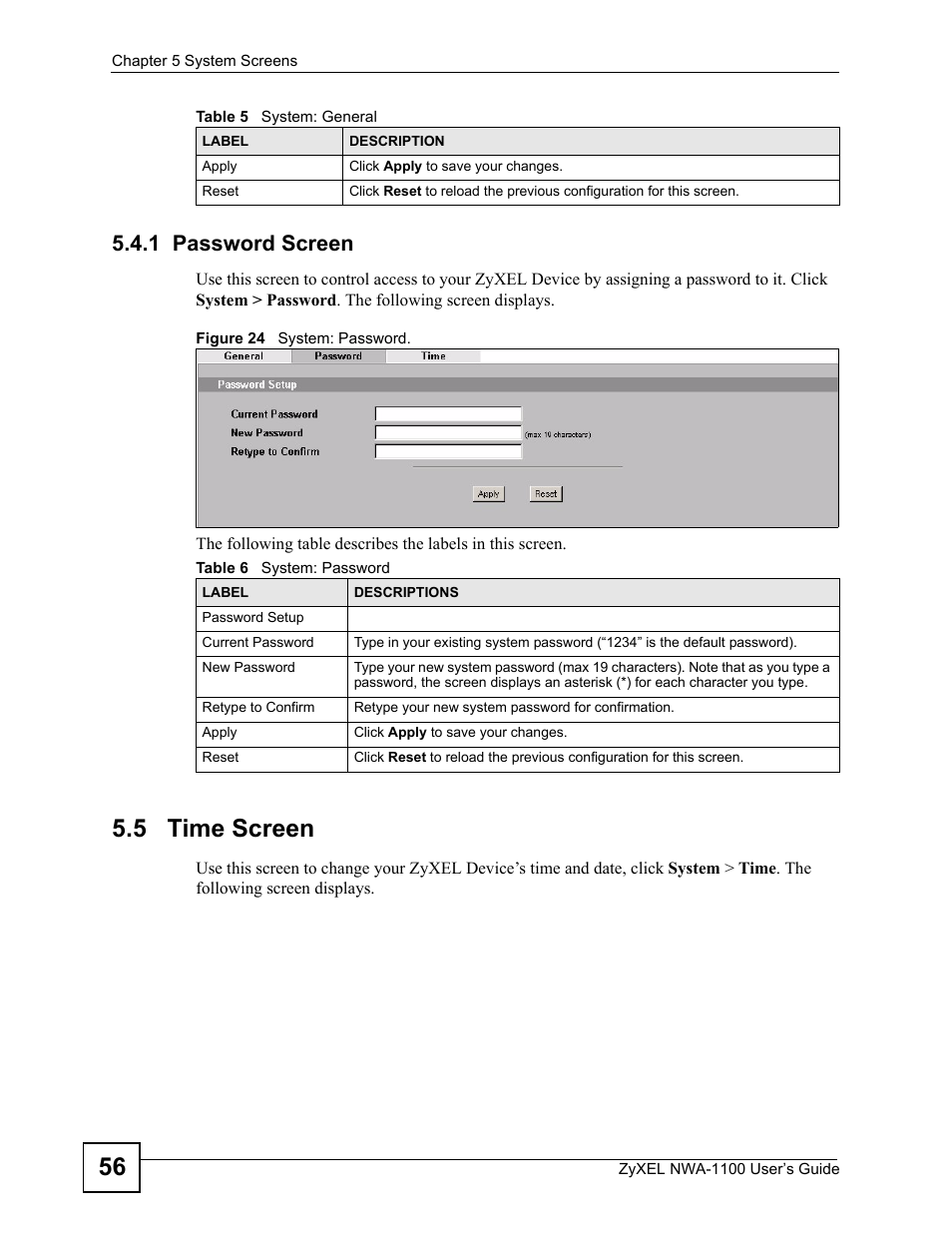 1 password screen, 5 time screen, Figure 24 system: password | Table 6 system: password, To change | ZyXEL Communications 802.11b/g Wireless Access Point NWA-1100 User Manual | Page 56 / 206