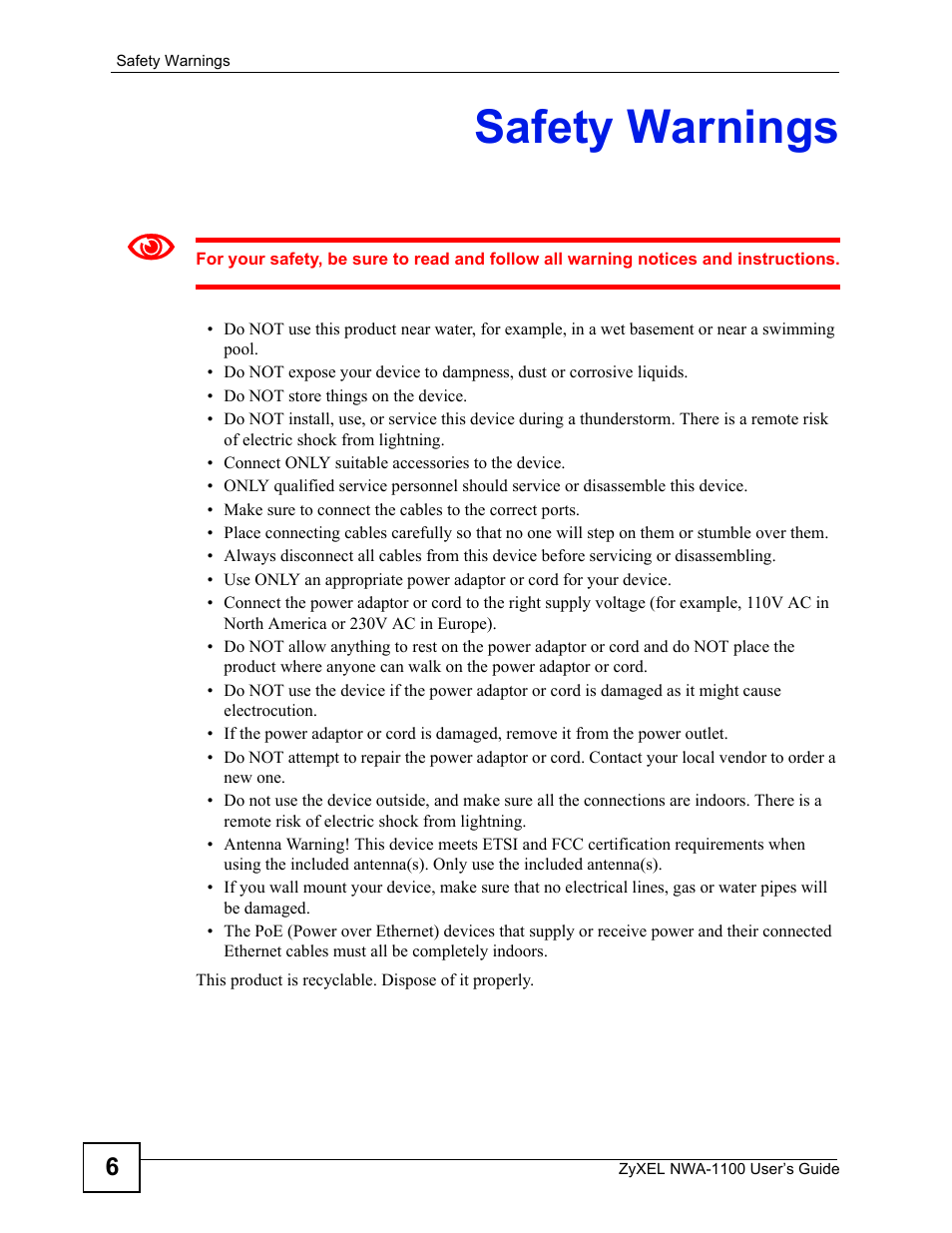 Safety warnings | ZyXEL Communications 802.11b/g Wireless Access Point NWA-1100 User Manual | Page 6 / 206