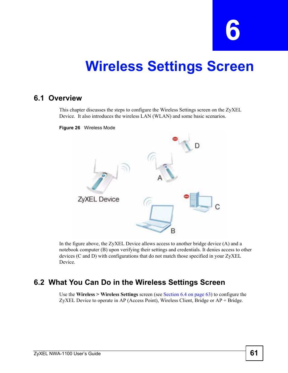 Wireless settings screen, 1 overview, 2 what you can do in the wireless settings screen | Chapter 6 wireless settings screen, Figure 26 wireless mode, Wireless settings screen (61) | ZyXEL Communications 802.11b/g Wireless Access Point NWA-1100 User Manual | Page 61 / 206