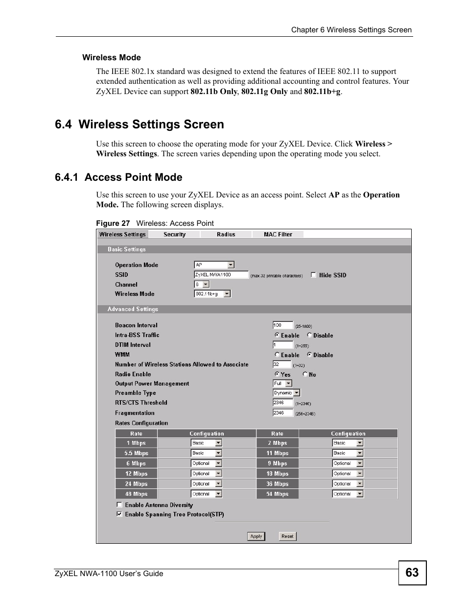 4 wireless settings screen, 1 access point mode, Figure 27 wireless: access point | Section 6.4 on | ZyXEL Communications 802.11b/g Wireless Access Point NWA-1100 User Manual | Page 63 / 206