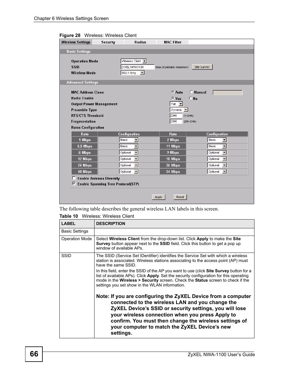 Figure 28 wireless: wireless client, Table 10 wireless: wireless client | ZyXEL Communications 802.11b/g Wireless Access Point NWA-1100 User Manual | Page 66 / 206