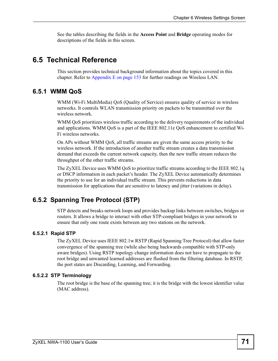 5 technical reference, 1 wmm qos, 2 spanning tree protocol (stp) | 1 wmm qos 6.5.2 spanning tree protocol (stp), 1 rapid stp 6.5.2.2 stp terminology | ZyXEL Communications 802.11b/g Wireless Access Point NWA-1100 User Manual | Page 71 / 206